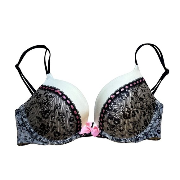 Victorias Secret Push-Up Lace Trim Bra White Black Pink Bow 32C - Picture 1 of 4